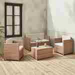Salotto da giardino in resina intrecciata, colore: Naturale - modello: Perugia - Cuscini, colore: Beige - 4 posti - 1 divano, 2 poltrone, un tavolino basso Photo2