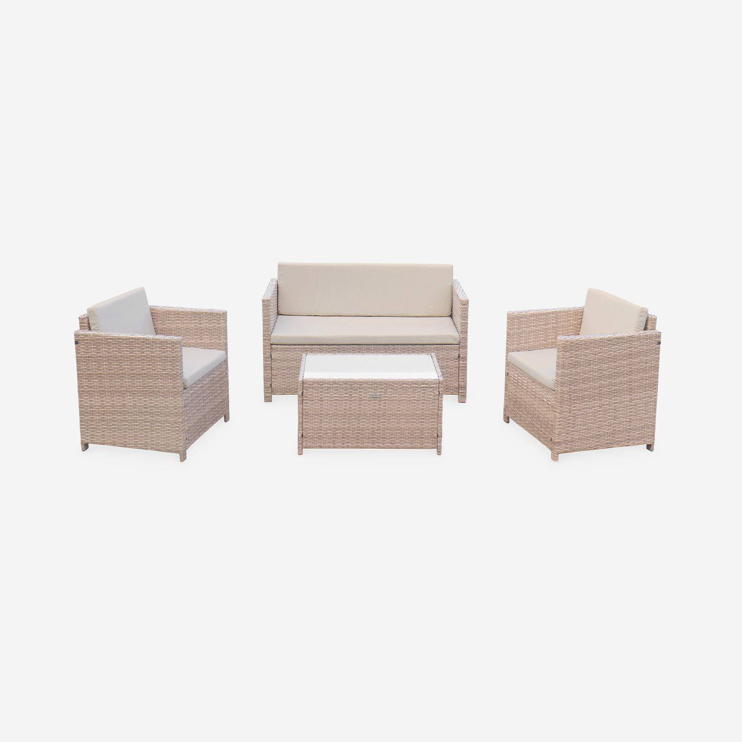 Wicker loungeset - 4 plaatsen - 1 bank, 2 fauteuils, een lage tafel. Naturel wicker en beige kussens,sweeek,Photo5