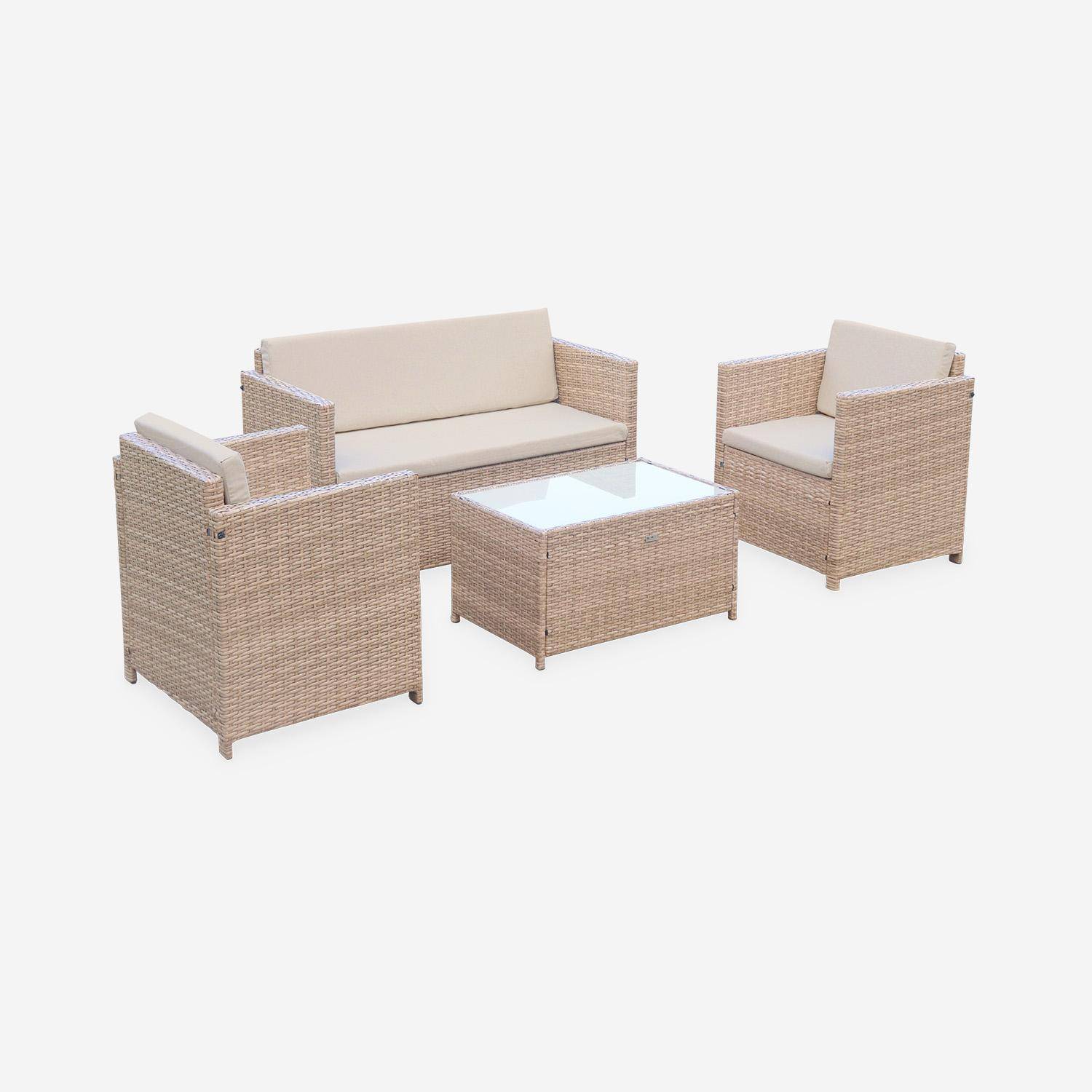 Wicker loungeset - 4 plaatsen - 1 bank, 2 fauteuils, een lage tafel. Naturel wicker en beige kussens,sweeek,Photo4