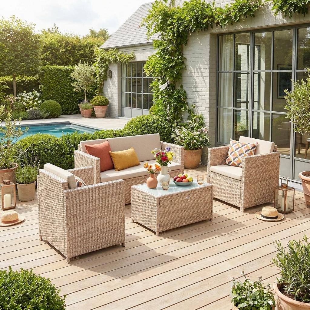 Wicker loungeset - 4 plaatsen - 1 bank, 2 fauteuils, een lage tafel. Naturel wicker en beige kussens Photo1