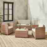 Salon de jardin en résine tressée - Perugia - Résine naturelle Coussins  beiges - 4 places - 1 canapé, 2 fauteuils, une table basse Photo1