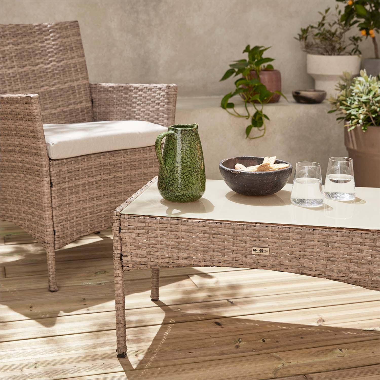 Set di mobili da giardino in resina intrecciata - Moltès - Naturel, Coussins beiges - 4 posti - 1 divano, 2 poltrone, un tavolino Photo2