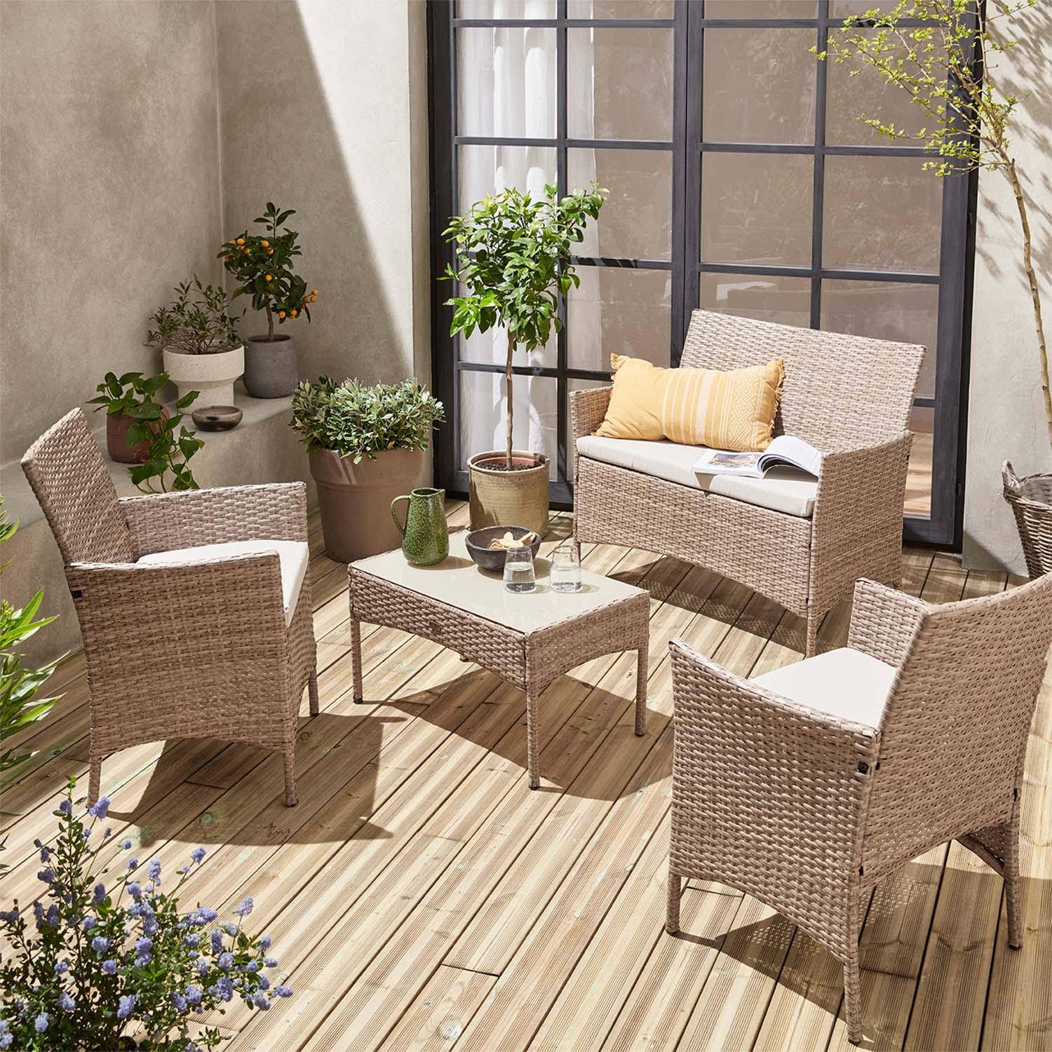 Salon de jardin en résine tressée - Moltès - Naturel, Coussins beiges - 4 places - 1 canapé, 2 fauteuils, une table basse,sweeek,Photo2