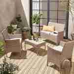 Conjunto de muebles de jardín de resina trenzada - Moltès - Natural, cojines beige - 4 plazas - 1 sofá, 2 sillones, una mesa de centro Photo1