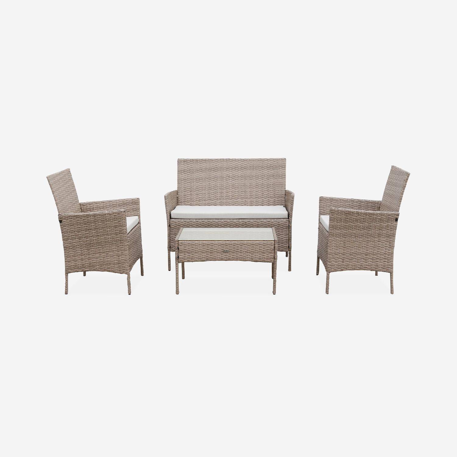 Conjunto de muebles de jardín de resina trenzada - Moltès - Natural, cojines beige - 4 plazas - 1 sofá, 2 sillones, una mesa de centro,sweeek,Photo4