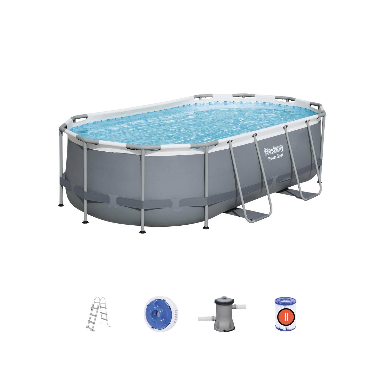 BESTWAY Spinelle - Komplettes Schwimmbad-Set - Grau - ovales Steel Frame Pool-Set 4,27 x 2,50 m, inklusive Filterpumpe, Leiter und Reparaturset  Photo1