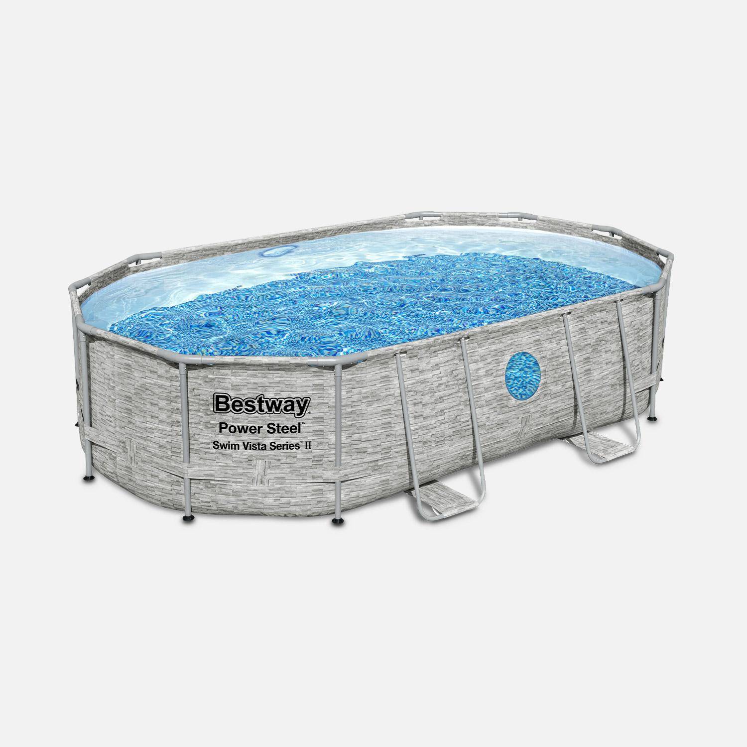 Piscine tubulaire BESTWAY - Aventurine pierre- imitation pierre grise, piscine ovale 5x3m avec pompe de filtration à sable, hublots, échelle et bâche de protection,sweeek,Photo2