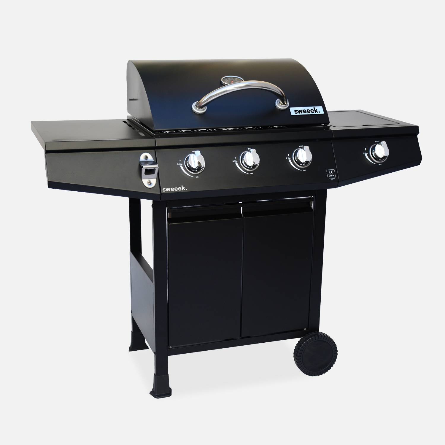 Barbacoa de gas con 3 quemadores y 1 quemador lateral, Negro