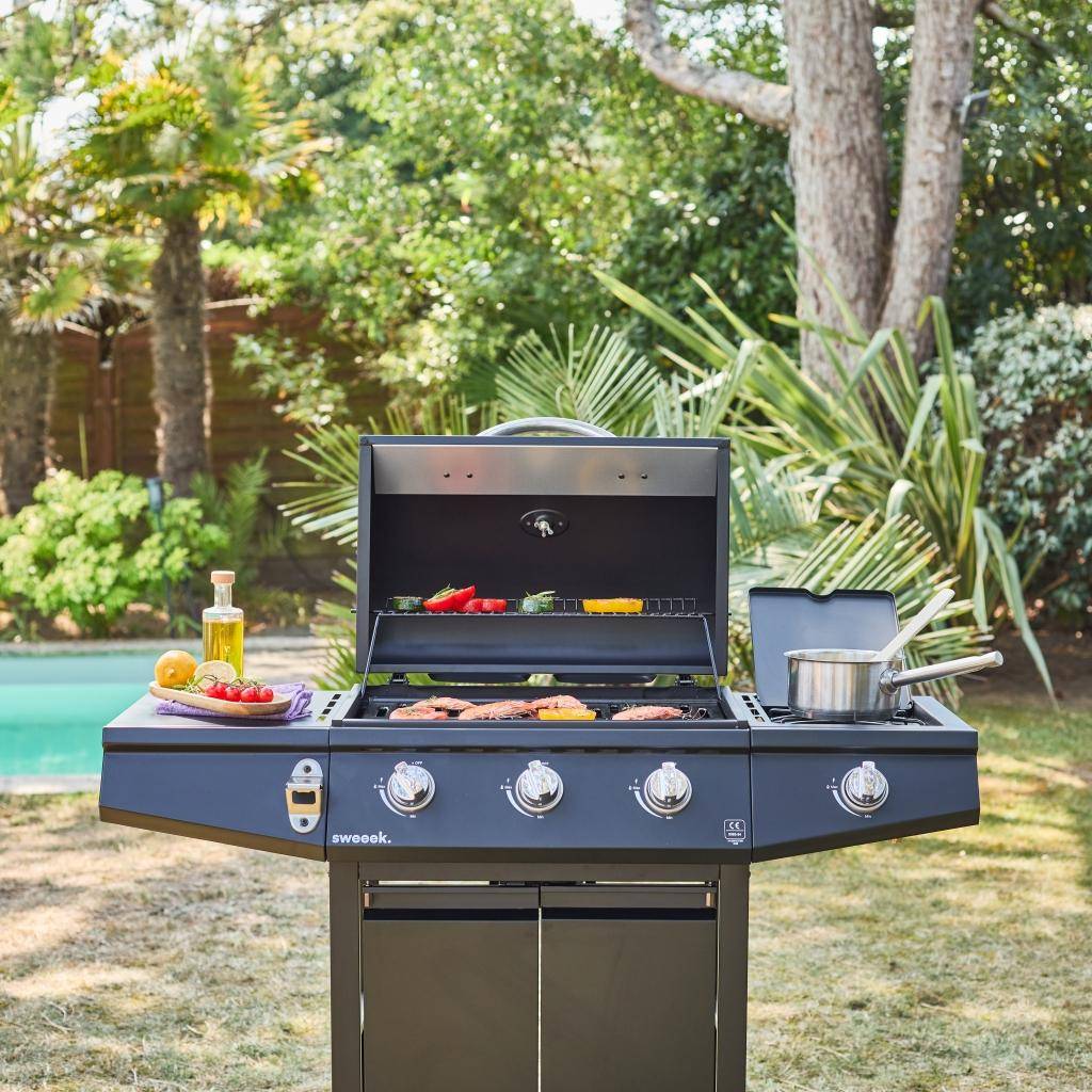 Barbecue a gás de 3 queimadores com 1 queimador lateral, Treville Espreguiçadeira, Preto, 117.2x43.5x103 cm Photo3