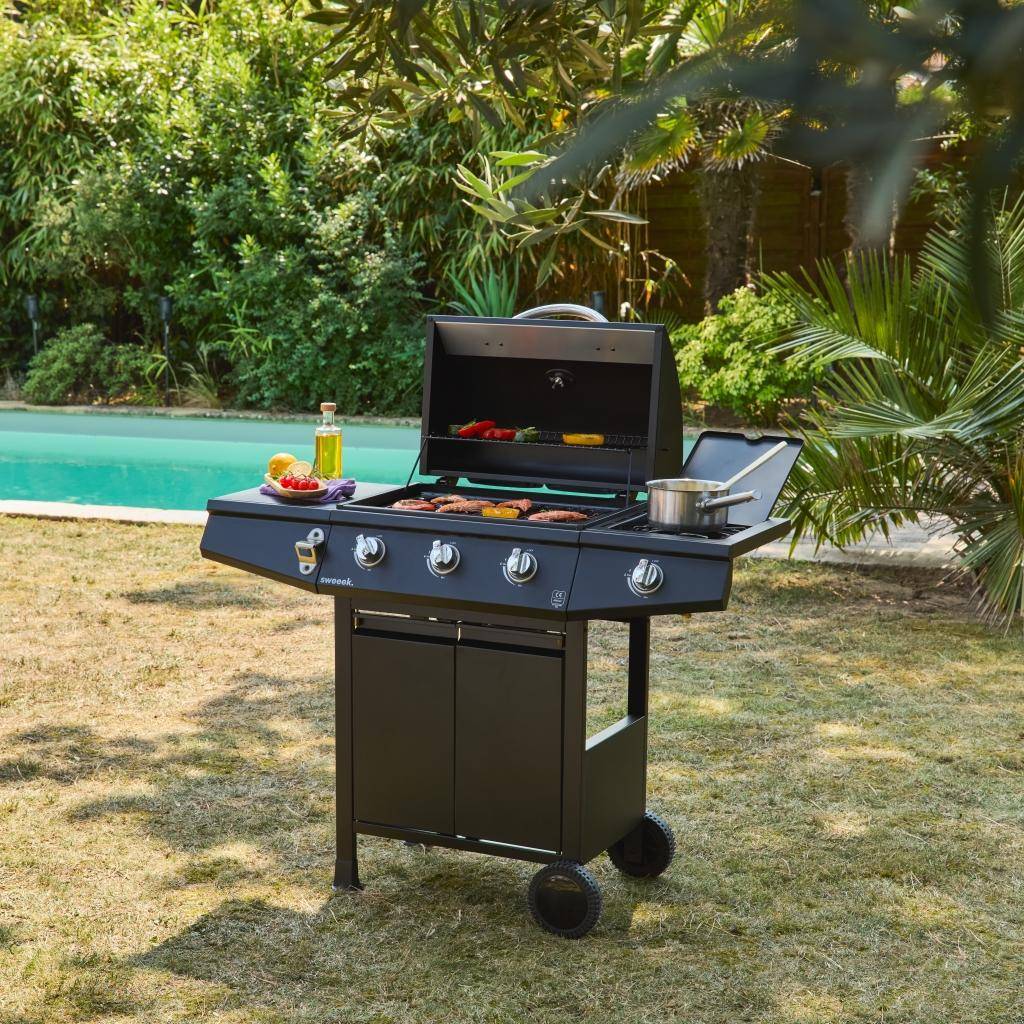 Barbecue a gás de 3 queimadores com 1 queimador lateral, Treville Espreguiçadeira, Preto, 117.2x43.5x103 cm,sweeek,Photo2