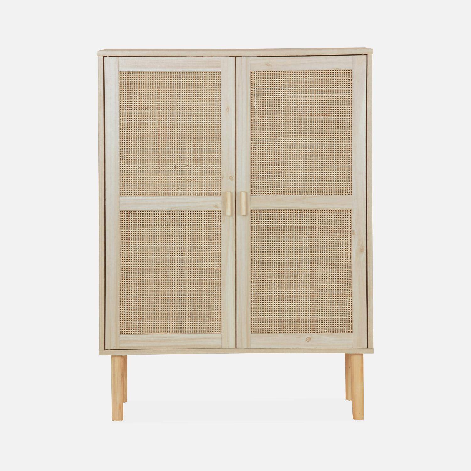 Wood and woven rattan 2-door storage cabinet, 80x40x110cm, Camargue, 2 doors, 2 shelves, Natural,sweeek,Photo4