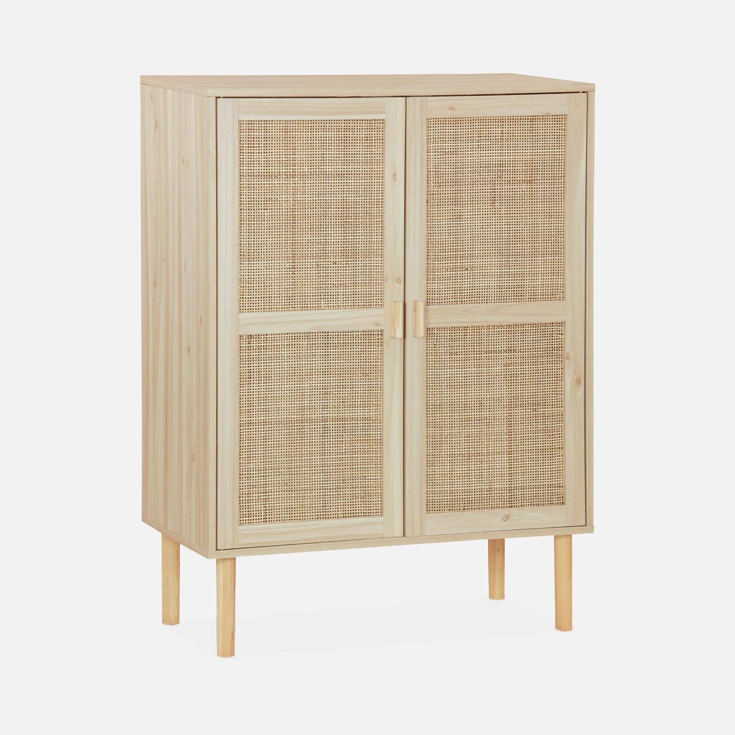 Wood and woven rattan 2-door storage cabinet, 80x40x110cm, Camargue, 2 doors, 2 shelves, Natural,sweeek,Photo3
