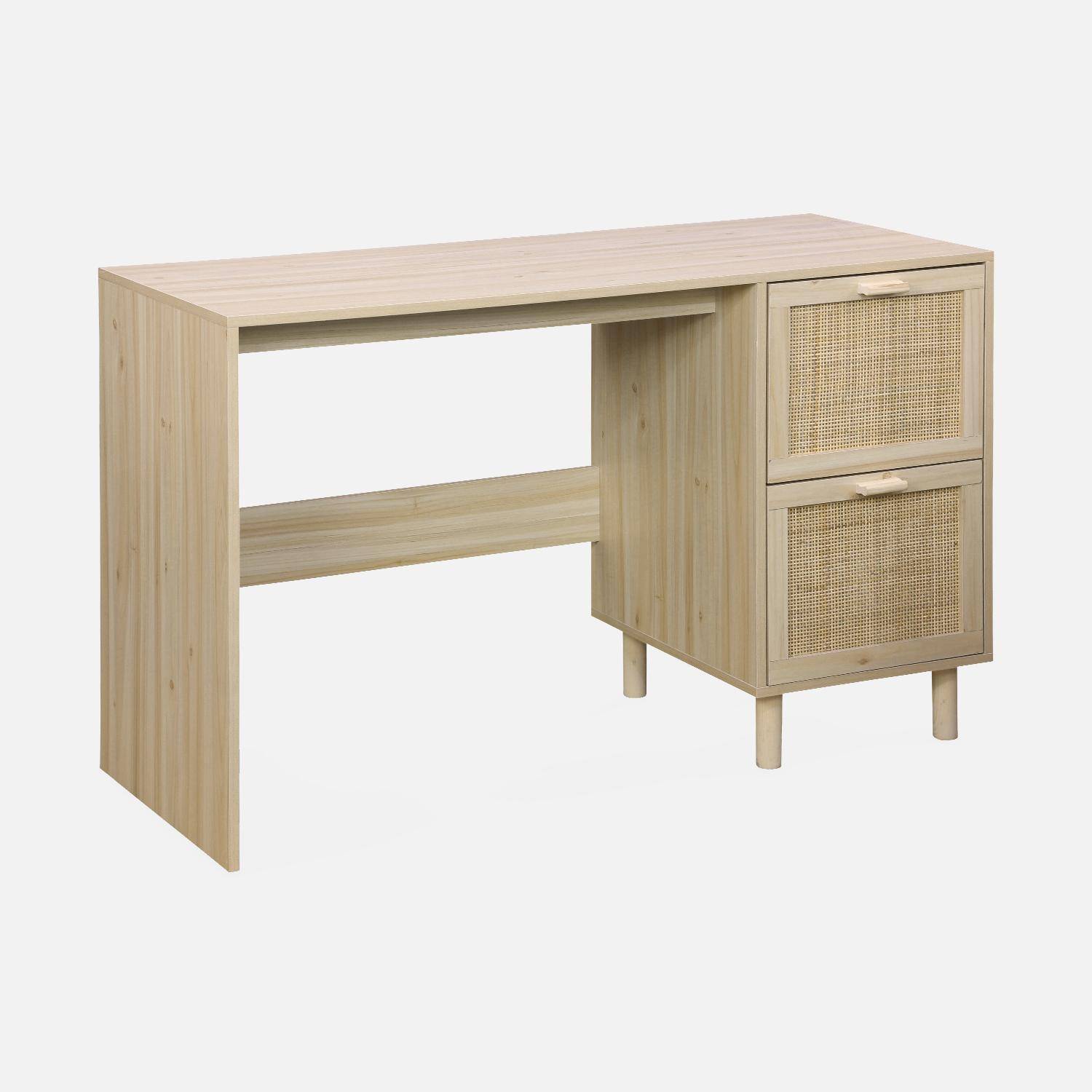 Schreibtisch mit Holzdekor und Rohrgeflecht - Camargue - 120cm, 2 Schubladen,sweeek,Photo3