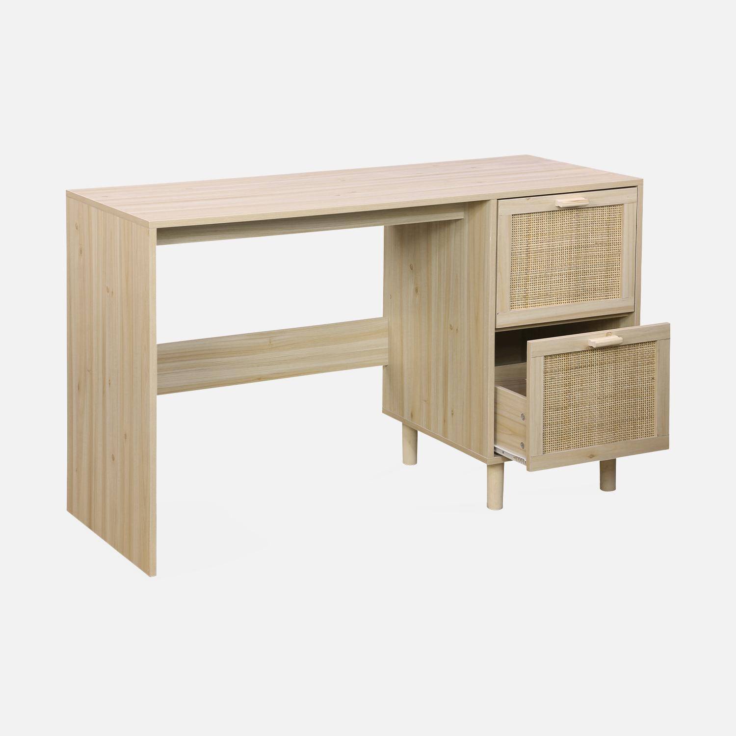 Schreibtisch mit Holzdekor und Rohrgeflecht - Camargue - 120cm, 2 Schubladen,sweeek,Photo5