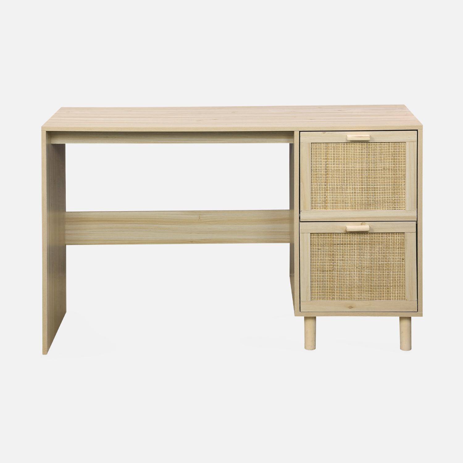 Schreibtisch mit Holzdekor und Rohrgeflecht - Camargue - 120cm, 2 Schubladen Photo4