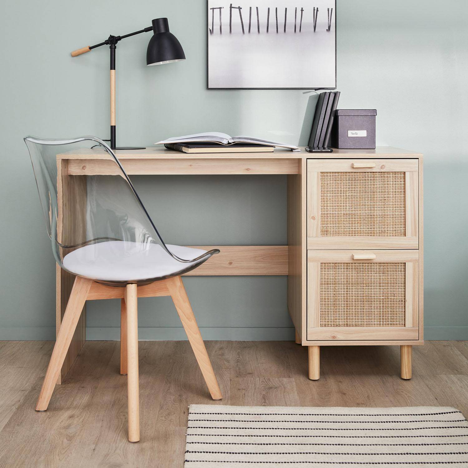 Schreibtisch mit Holzdekor und Rohrgeflecht - Camargue - 120cm, 2 Schubladen Photo1