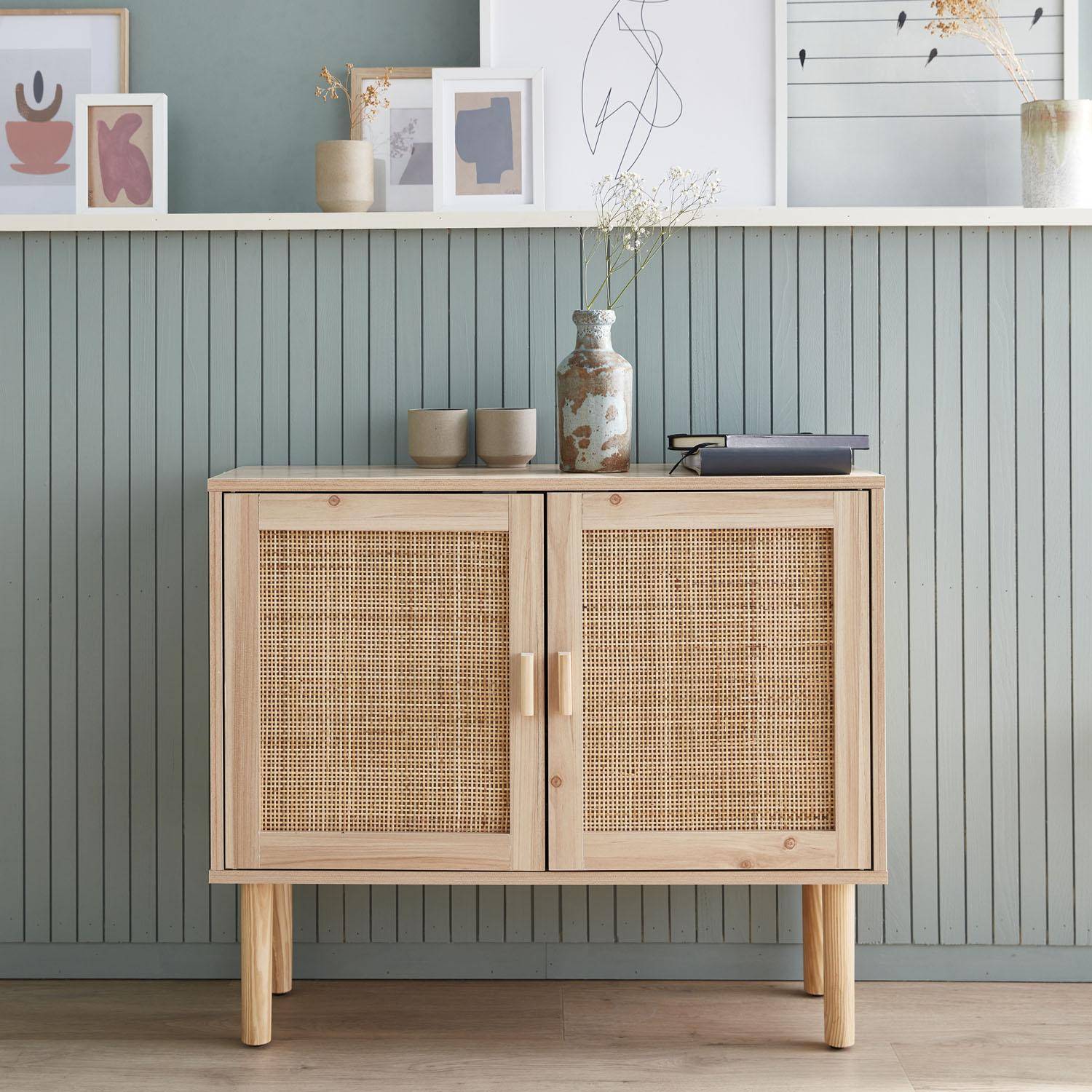 Wood and woven rattan 2-door storage cabinet with shelves, 80x30x68cm, Camargue, Natural,sweeek,Photo1