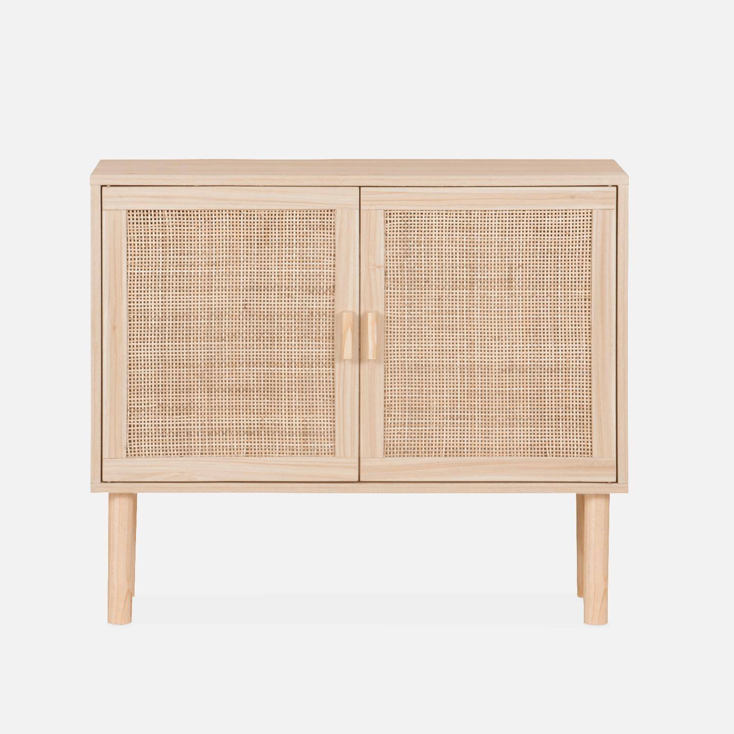 Wood and woven rattan 2-door storage cabinet with shelves, 80x30x68cm, Camargue, Natural,sweeek,Photo4