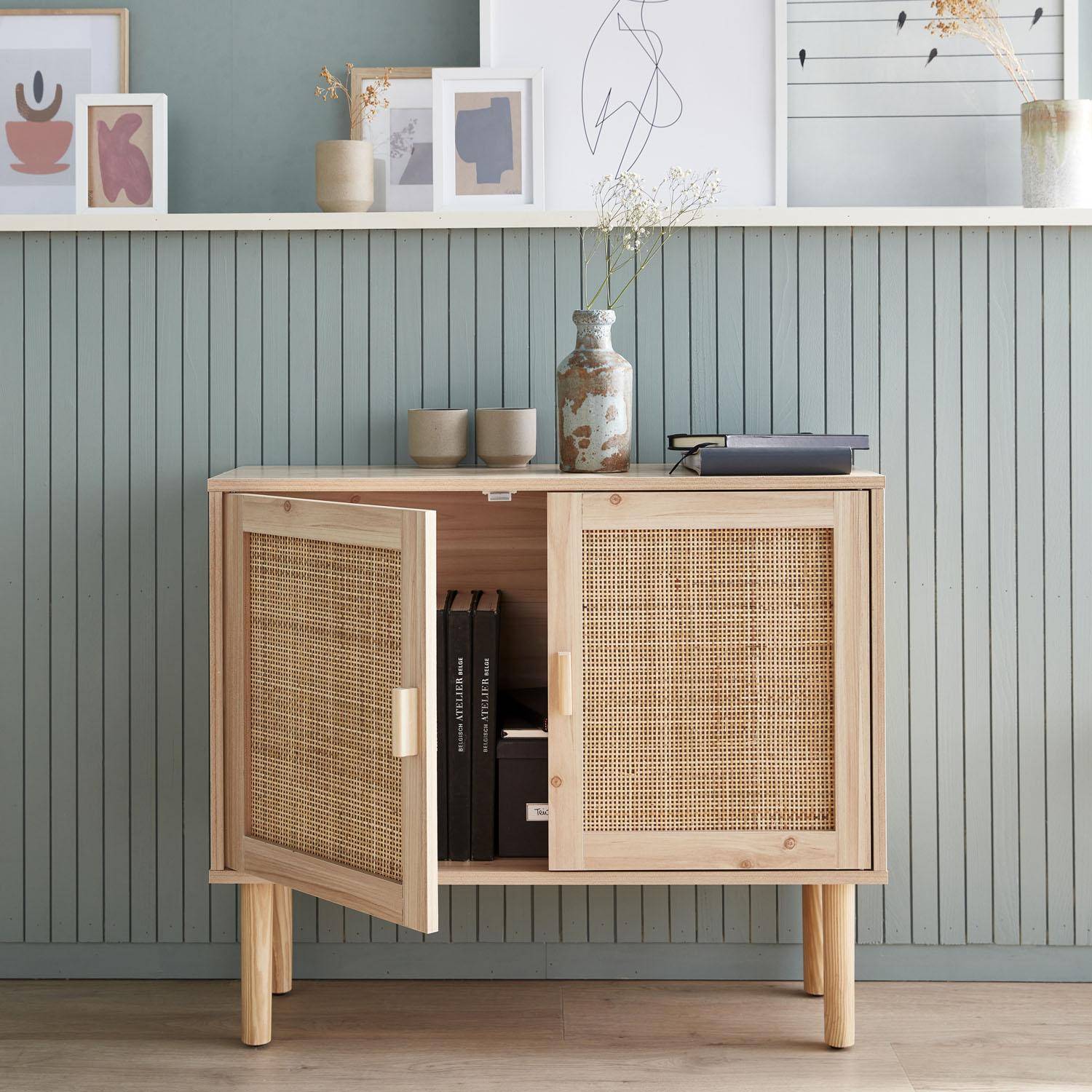 Wood and woven rattan 2-door storage cabinet with shelves, 80x30x68cm, Camargue, Natural Photo2