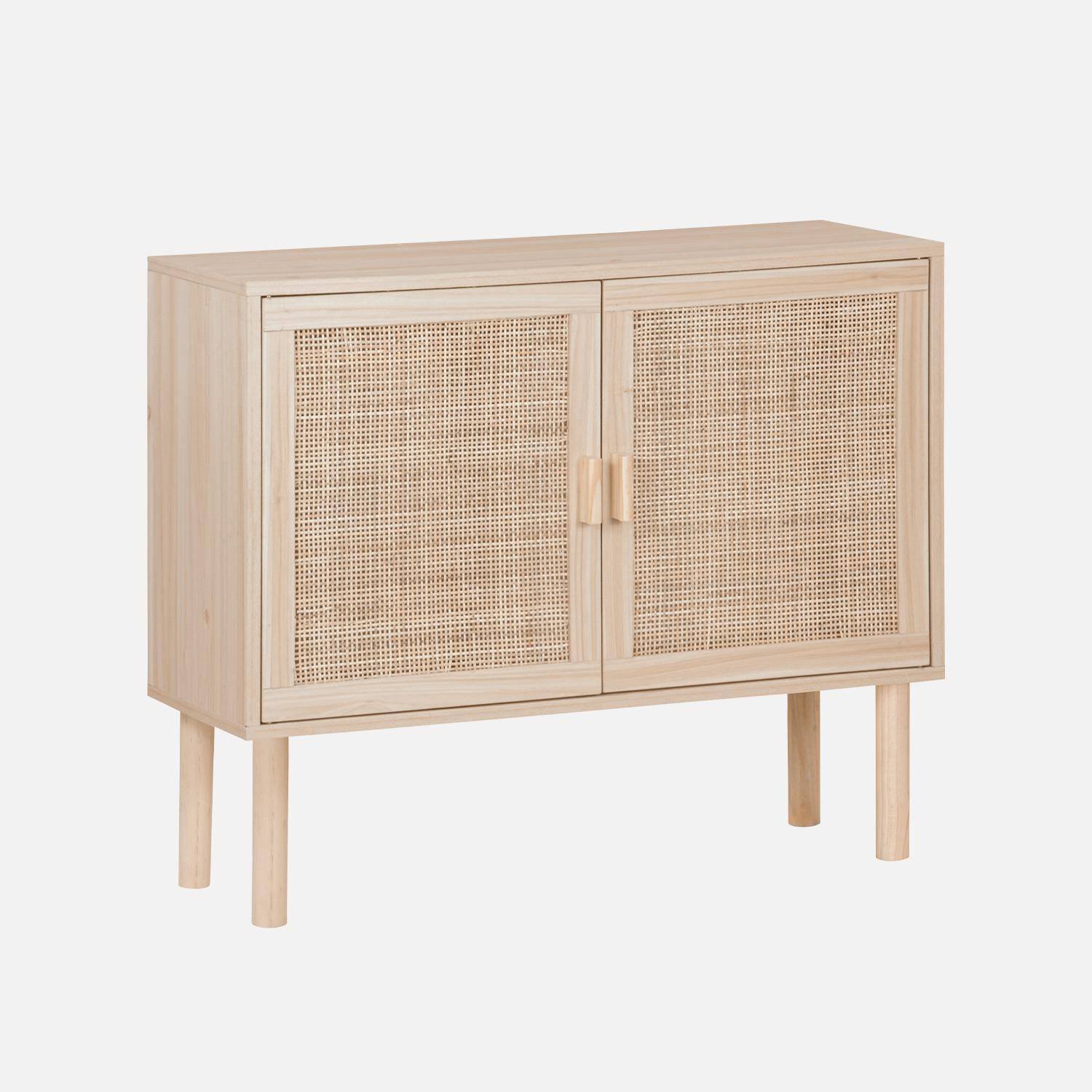 Wood and woven rattan 2-door storage cabinet with shelves, 80x30x68cm, Camargue, Natural Photo3