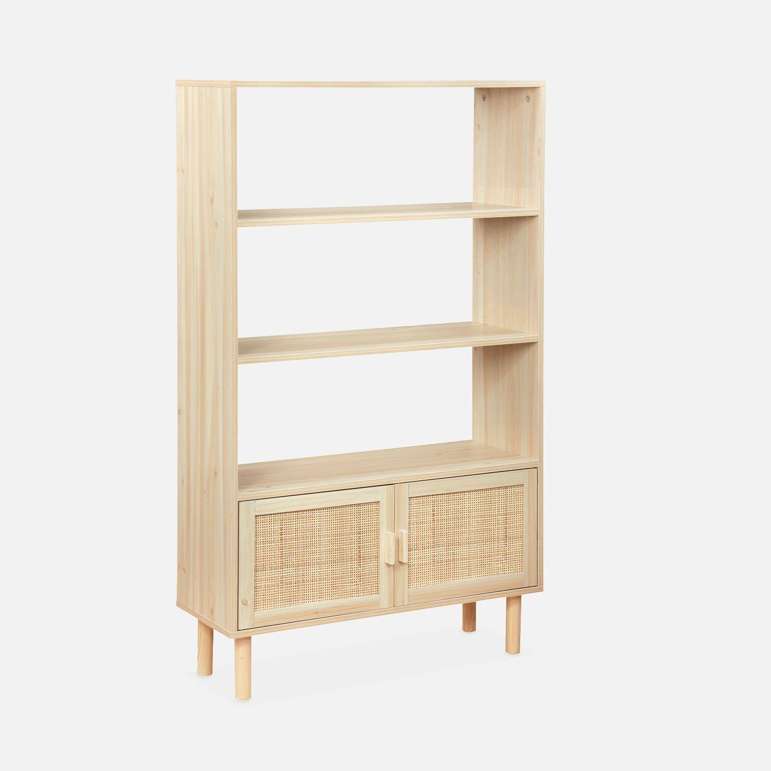 Woven rattan bookcase with storage cupboard, 3 shelves, 2 doors, 80x30x140cm - Camargue - Natural Photo3