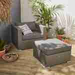 Gartengarnitur, Sessel + Hocker aus Polyrattan grau, graue Kissen Photo1