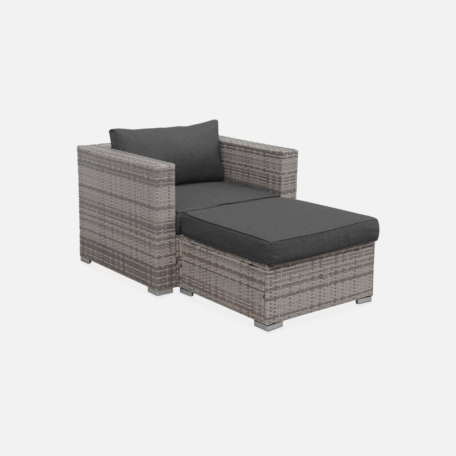 Garden sofa sets - armchair and footstool in rattan - Genova -  Mixed Grey rattan, Grey cushions,sweeek,Photo2