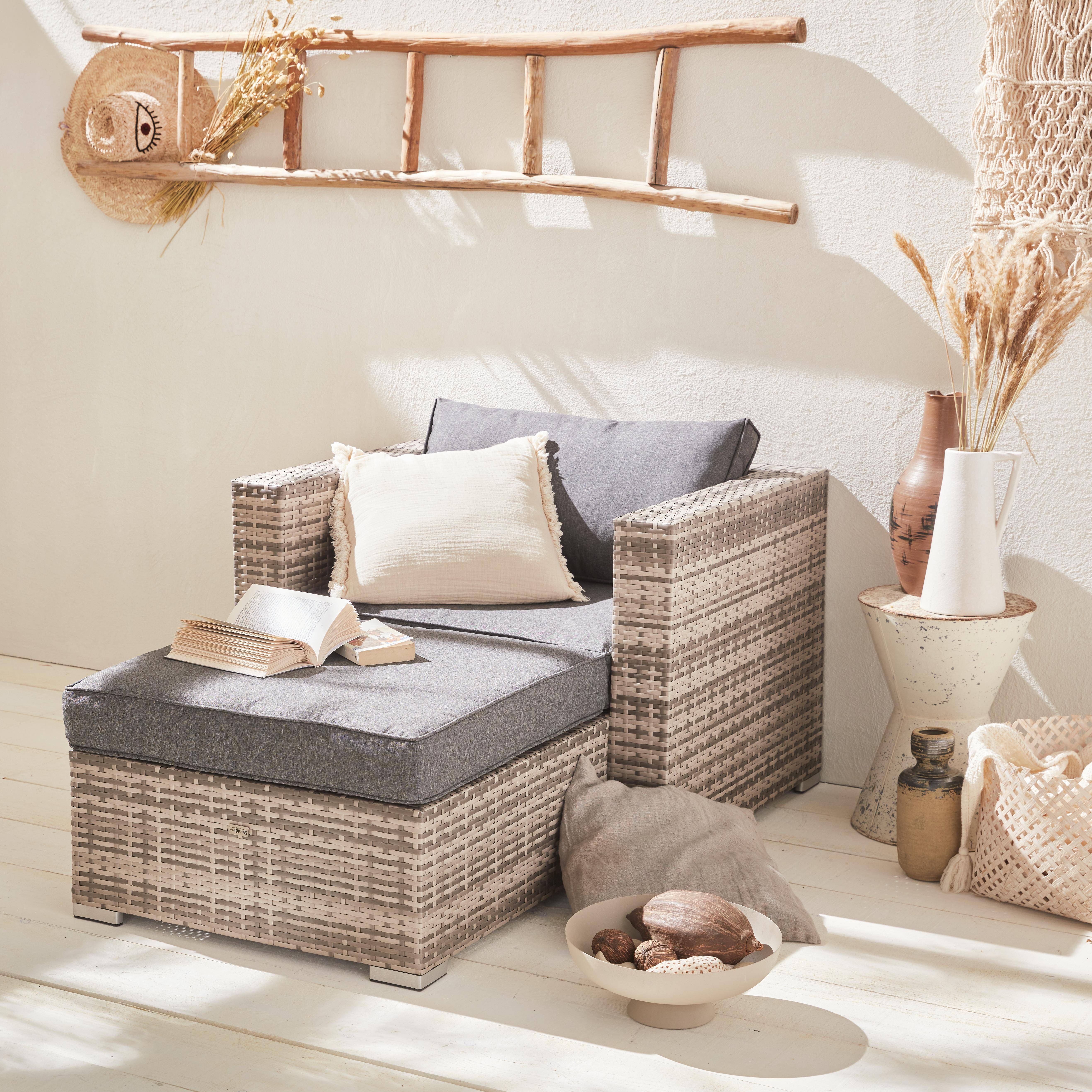 Garden sofa sets - armchair and footstool in rattan - Genova -  Mixed Grey rattan, Grey cushions,sweeek,Photo1