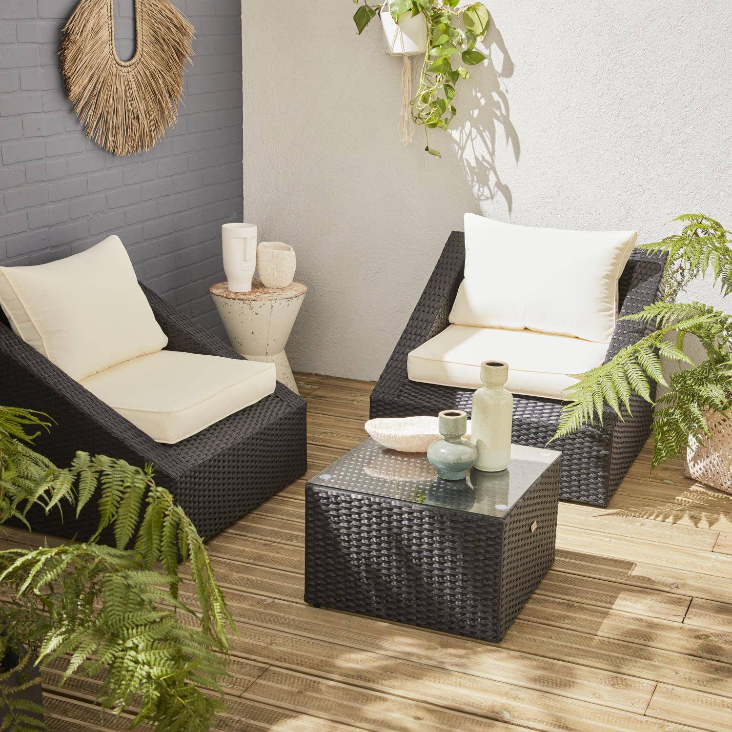 Sitzgarnitur für den Garten 2 Sitze - Triangolo - schwarzes Kunststoffrattan, ecrufarbene Kissen, Stühle + 1 Couchtisch, stapelbar Photo1