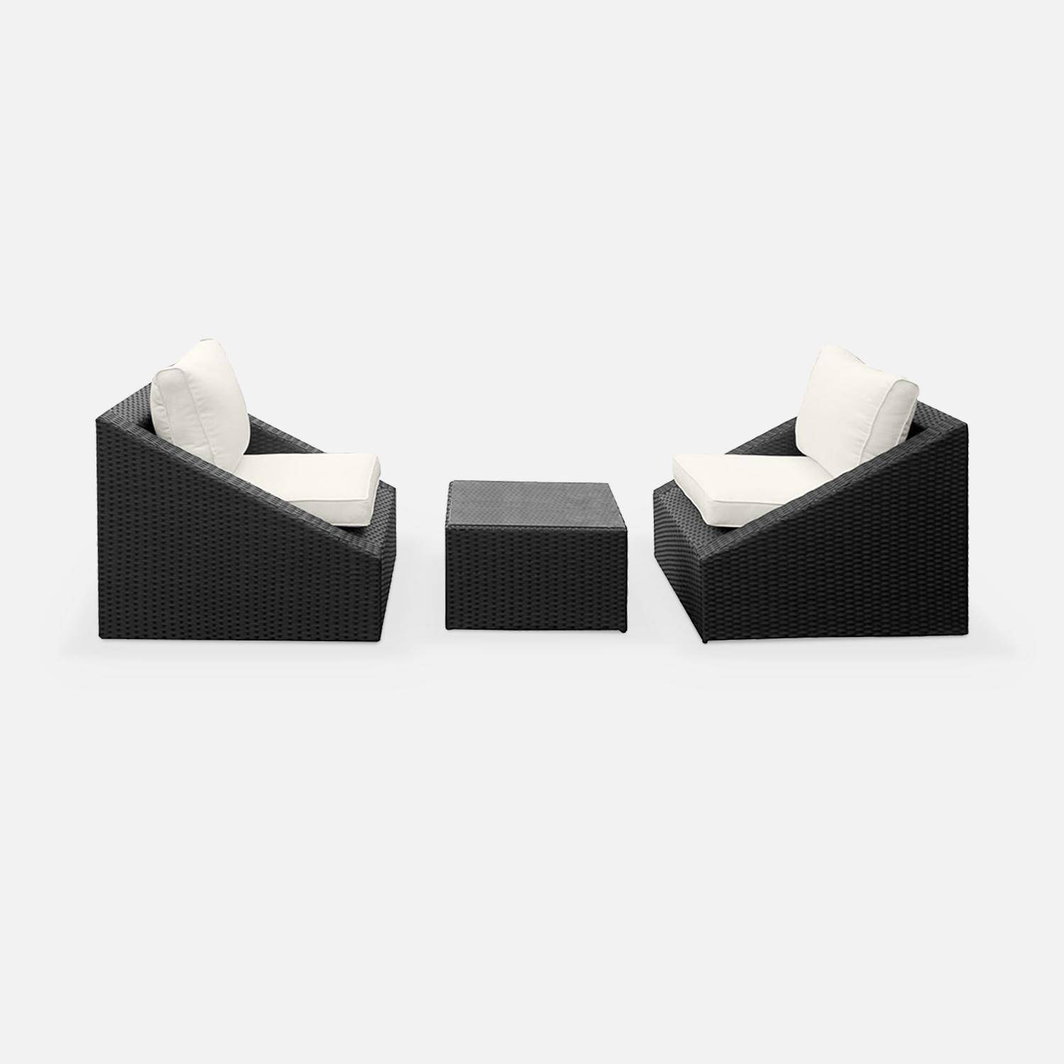 Sitzgarnitur für den Garten 2 Sitze - Triangolo - schwarzes Kunststoffrattan, ecrufarbene Kissen, Stühle + 1 Couchtisch, stapelbar Photo3