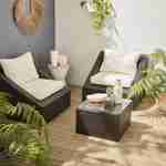 Salon de jardin 2 places - Triangolo - résine tressée chocolat, coussins écrus,  fauteuils + 1 table basse, empilables Photo1