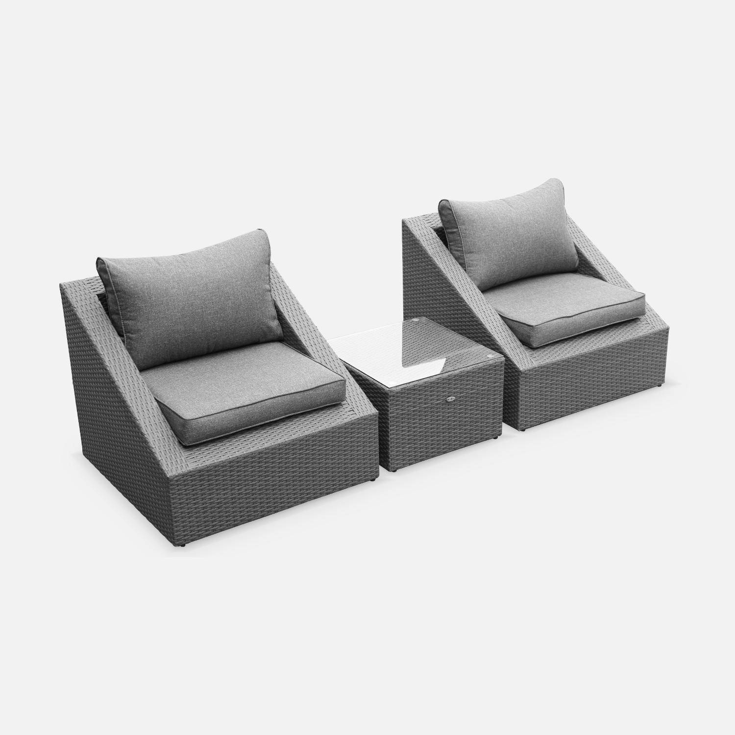 Salon de jardin 2 places - Triangolo - résine tressée grise, coussins gris,  fauteuils + 1 table basse, empilables Photo2