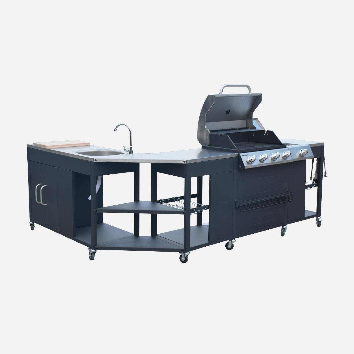 Cocina exterior de acero con barbacoa de gas americana de 5 quemadores Negro - 247x187x147 cm Photo2