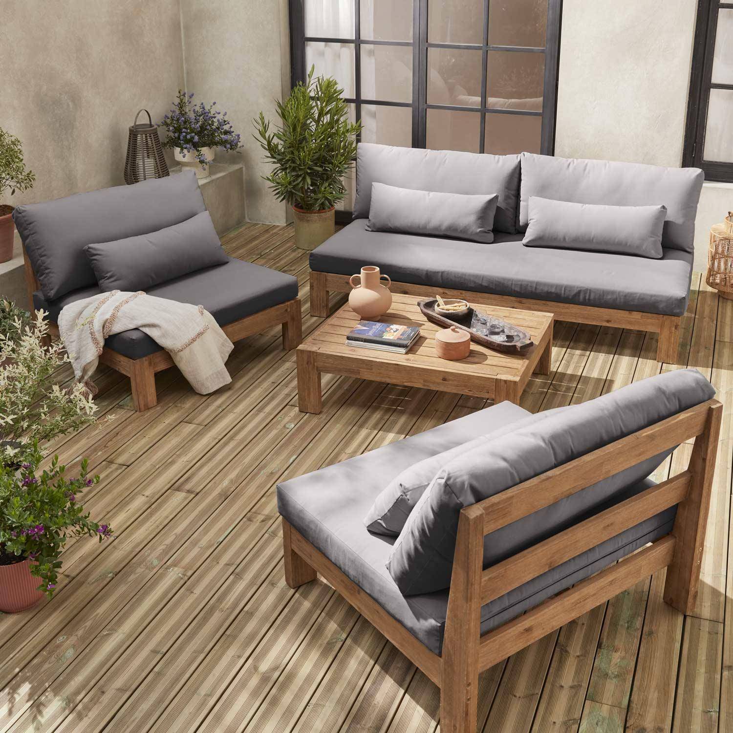 Conjunto de mobiliário de jardim XXL em madeira escovada, efeito branqueado - BAHIA - almofadas antracite, ultra confortável, 5 a 7 lugares Photo1