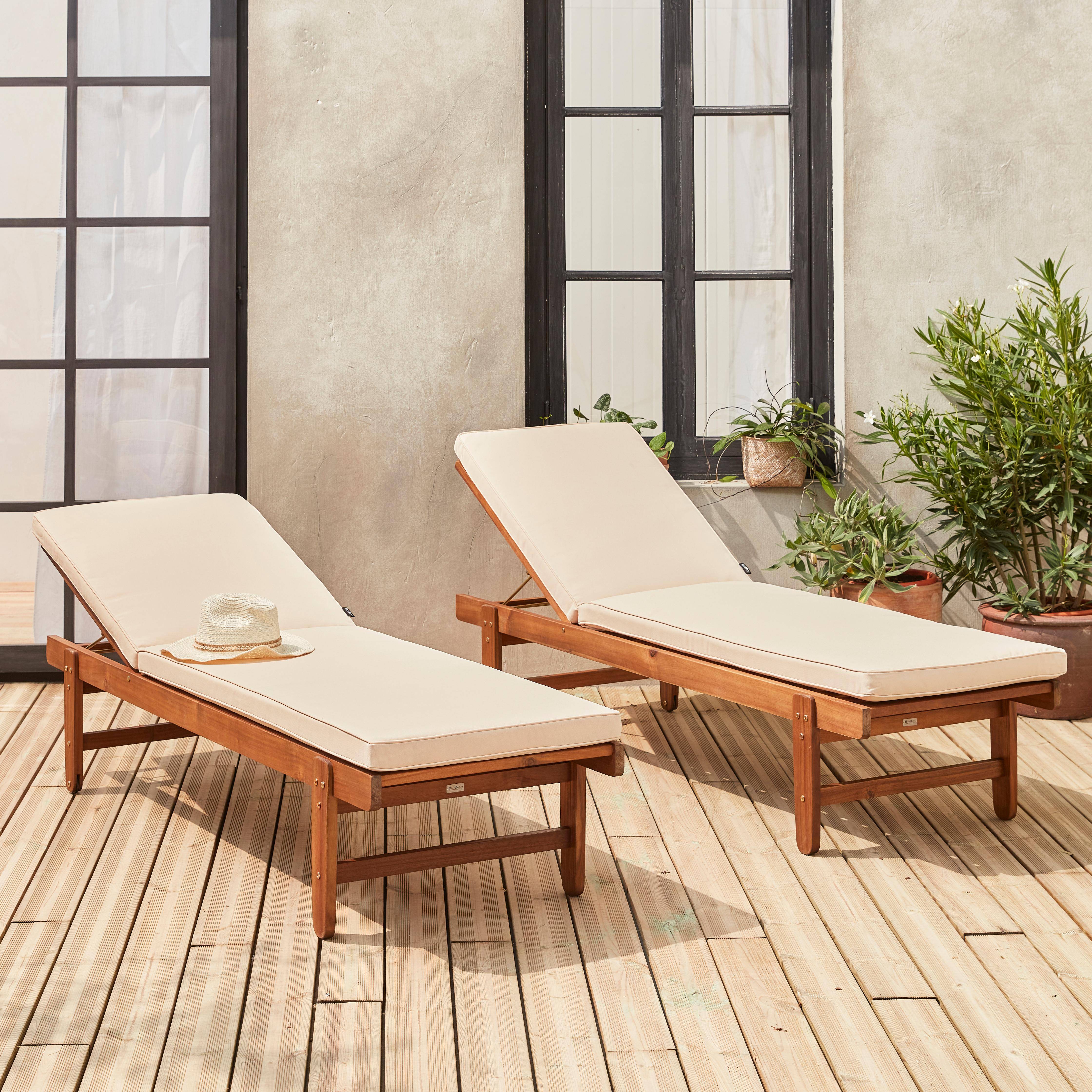 Set di 2 lettini multiposizione in legno con rotelle, Arequipa, Beige, 190x60x88 cm Photo1