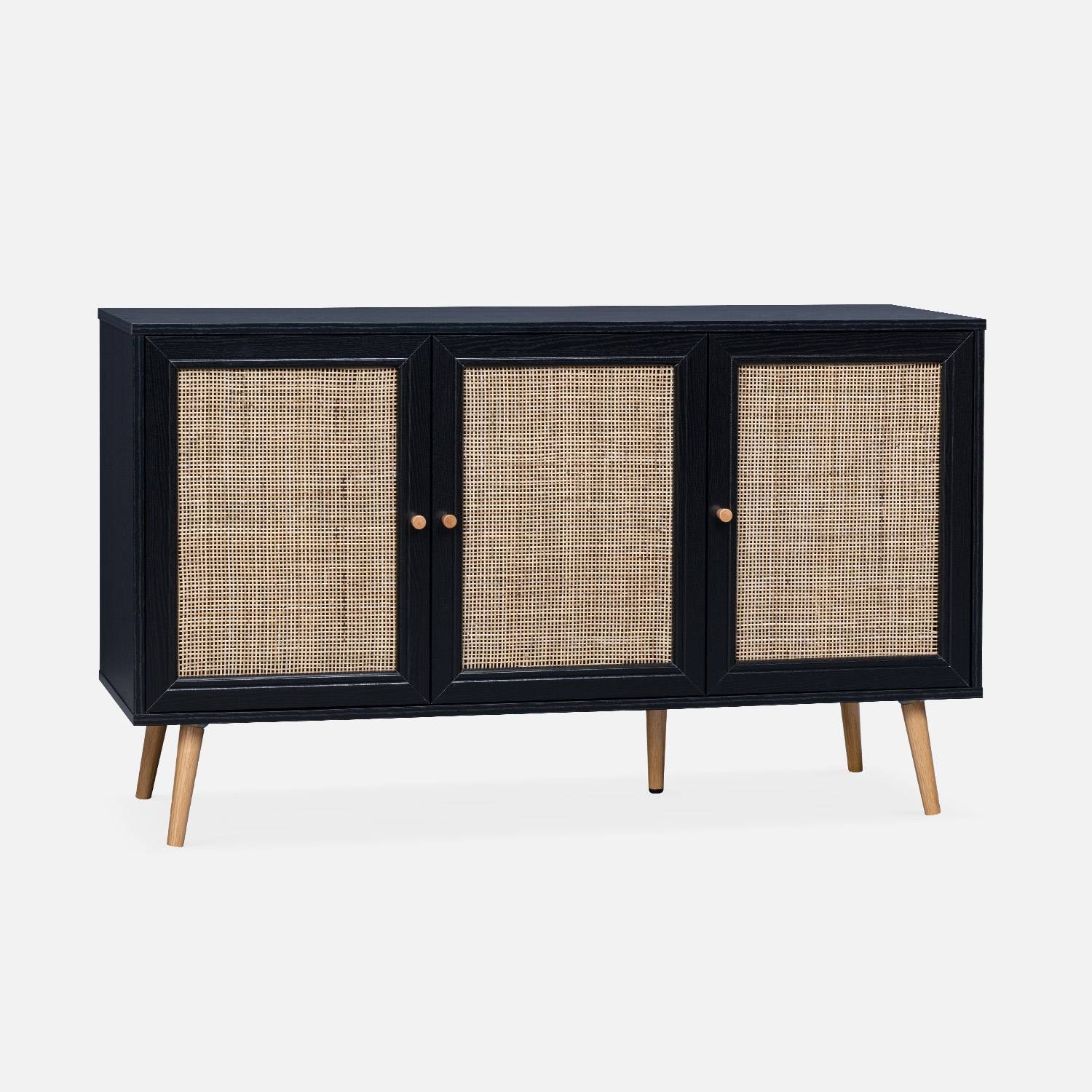 Wooden and cane rattan detail sideboard with Scandi-style legs, Black | sweeek