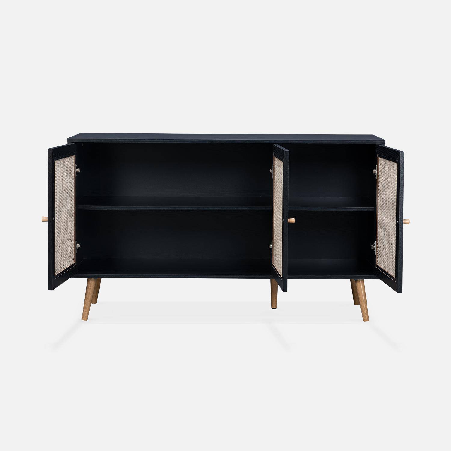 Wooden and cane rattan detail sideboard with 3 doors, 2 shelves, Scandi-style legs, 120x39x70cm - Boheme - Black Photo5