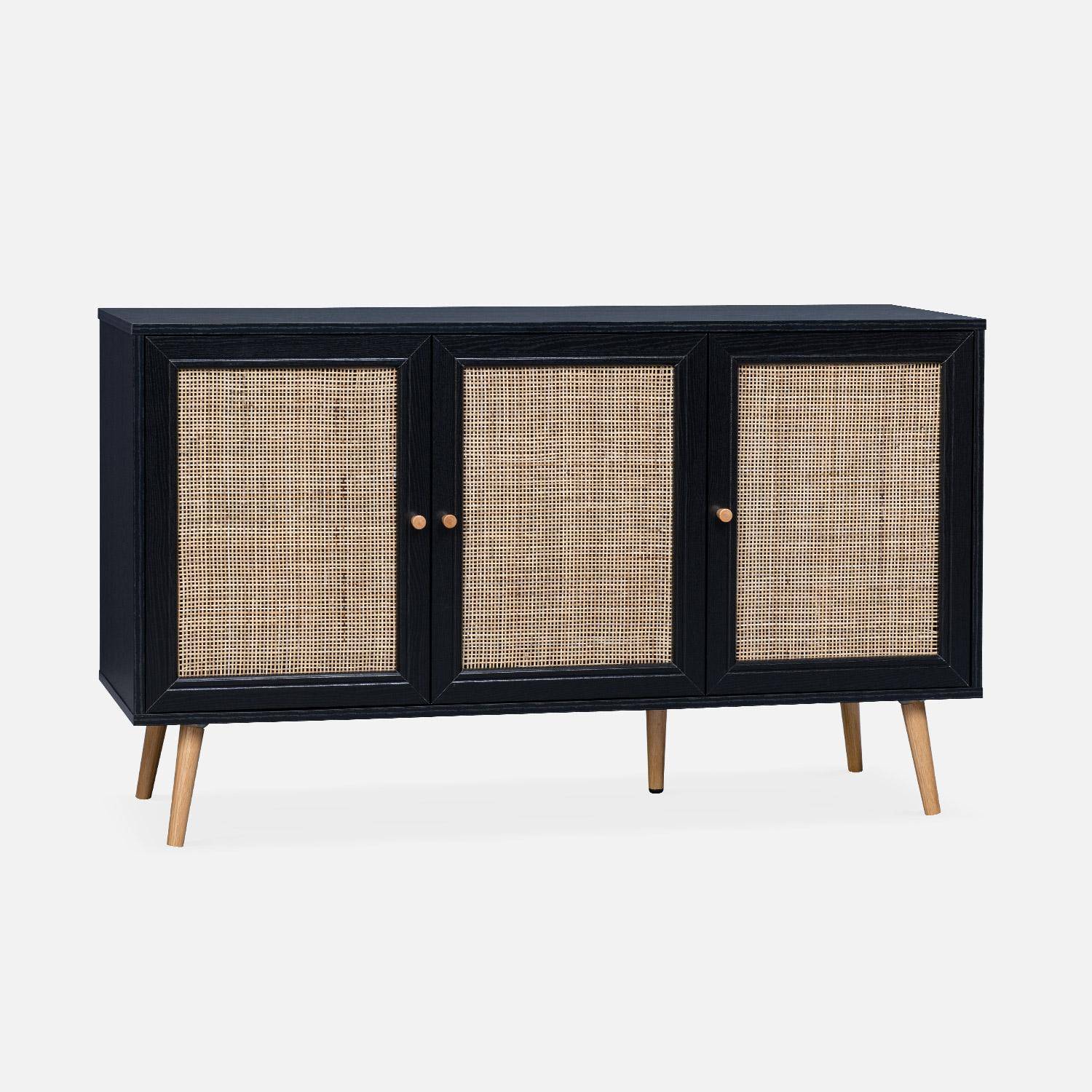 Wooden and cane rattan detail sideboard with 3 doors, 2 shelves, Scandi-style legs, 120x39x70cm - Boheme - Black,sweeek,Photo3