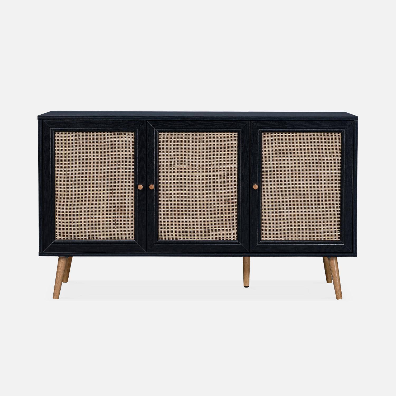 Wooden and cane rattan detail sideboard with 3 doors, 2 shelves, Scandi-style legs, 120x39x70cm - Boheme - Black,sweeek,Photo4
