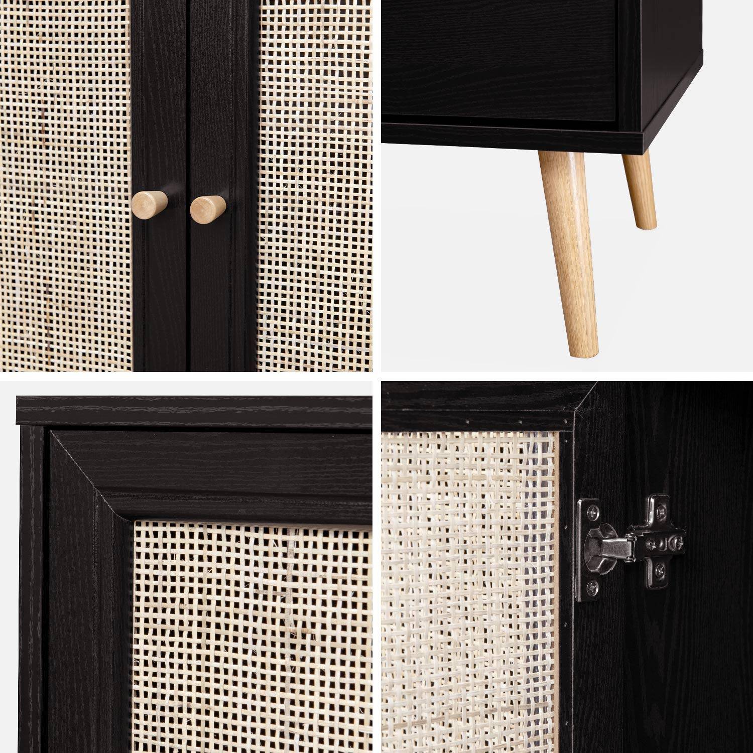 Wooden and cane rattan detail sideboard with 3 doors, 2 shelves, Scandi-style legs, 120x39x70cm - Boheme - Black Photo6
