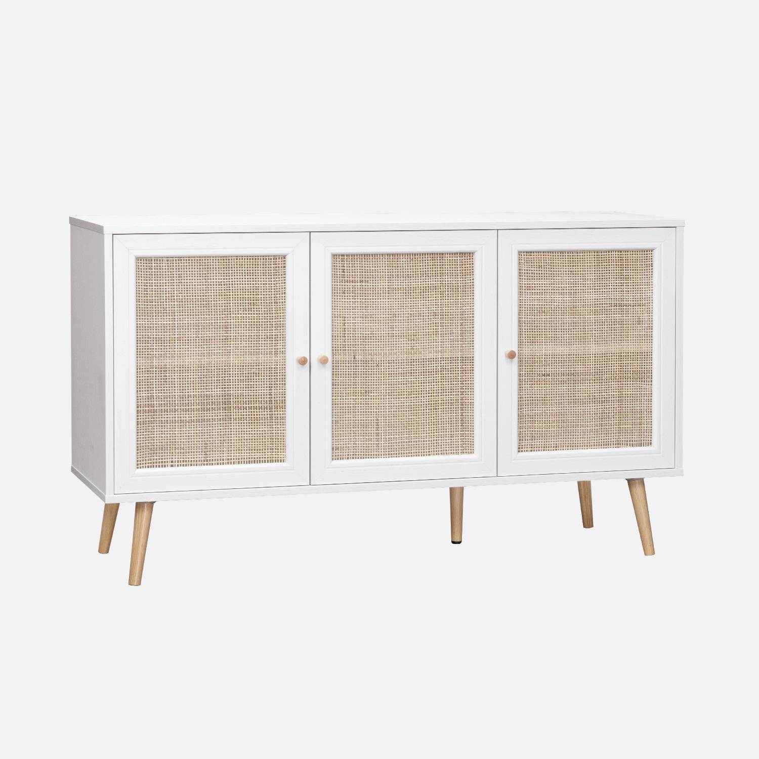 Wooden and cane rattan detail sideboard with Scandi-style legs, White | sweeek