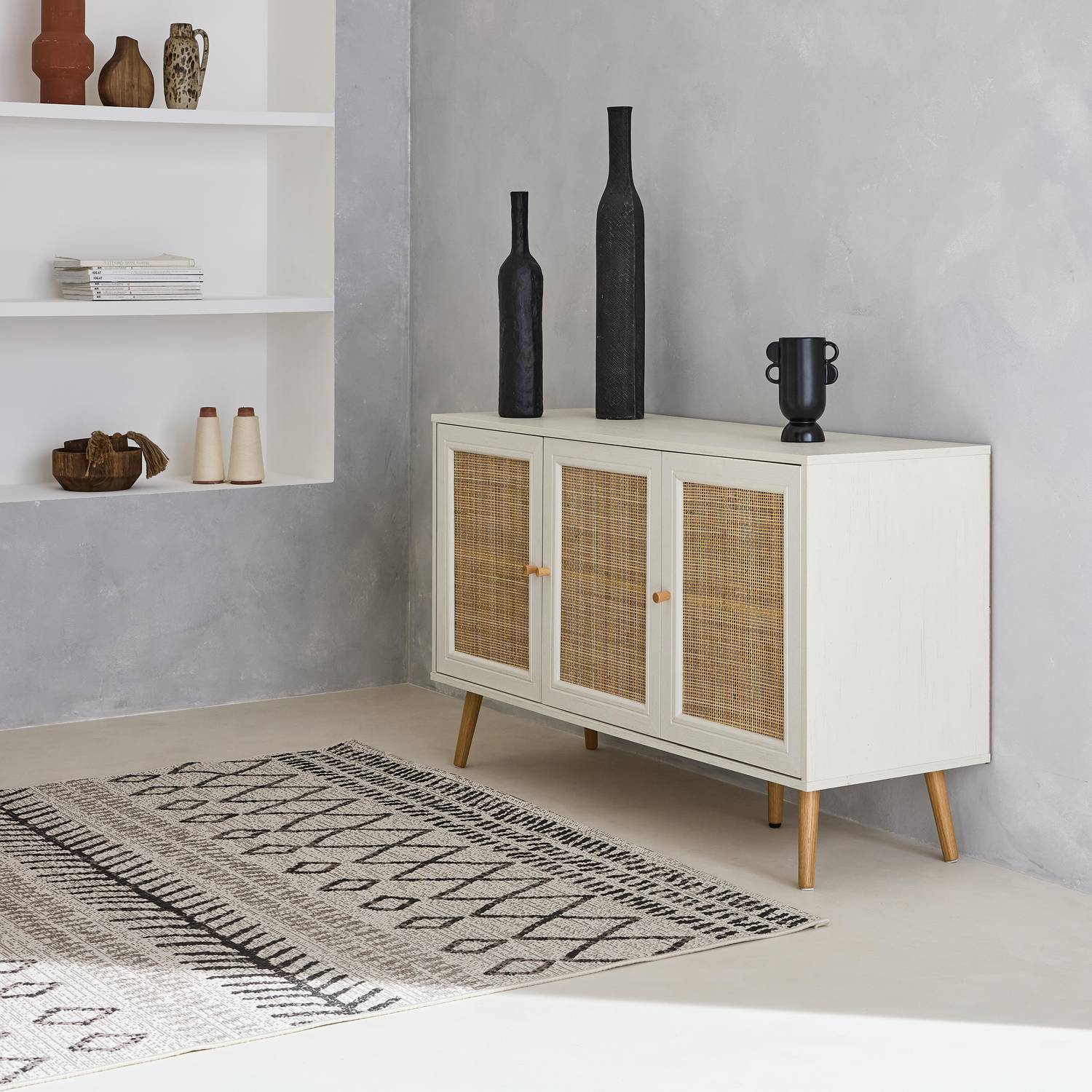 Wooden and cane rattan detail sideboard with 3 doors, 2 shelves, Scandi-style legs, 120x39x70cm - Boheme - White Photo2
