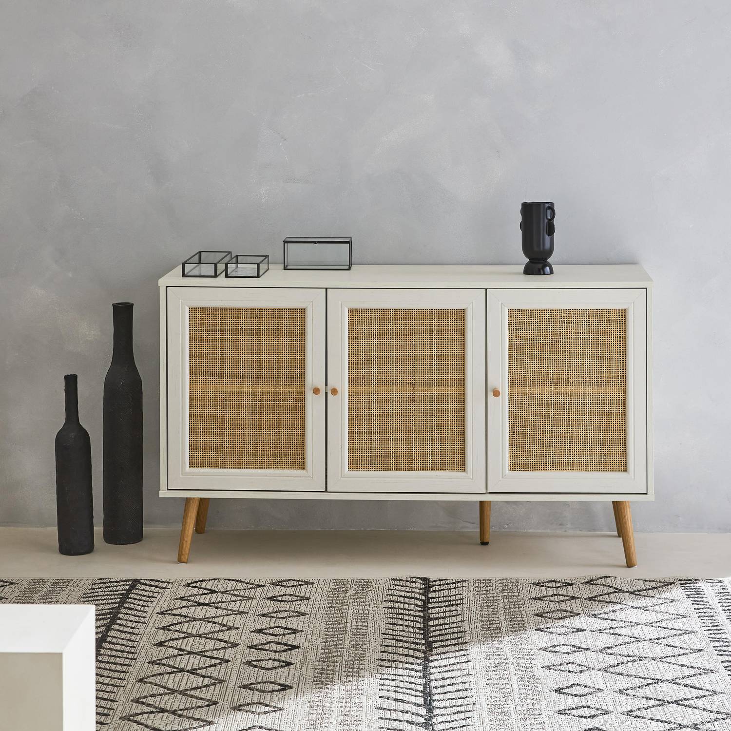 Wooden and cane rattan detail sideboard with 3 doors, 2 shelves, Scandi-style legs, 120x39x70cm - Boheme - White Photo1