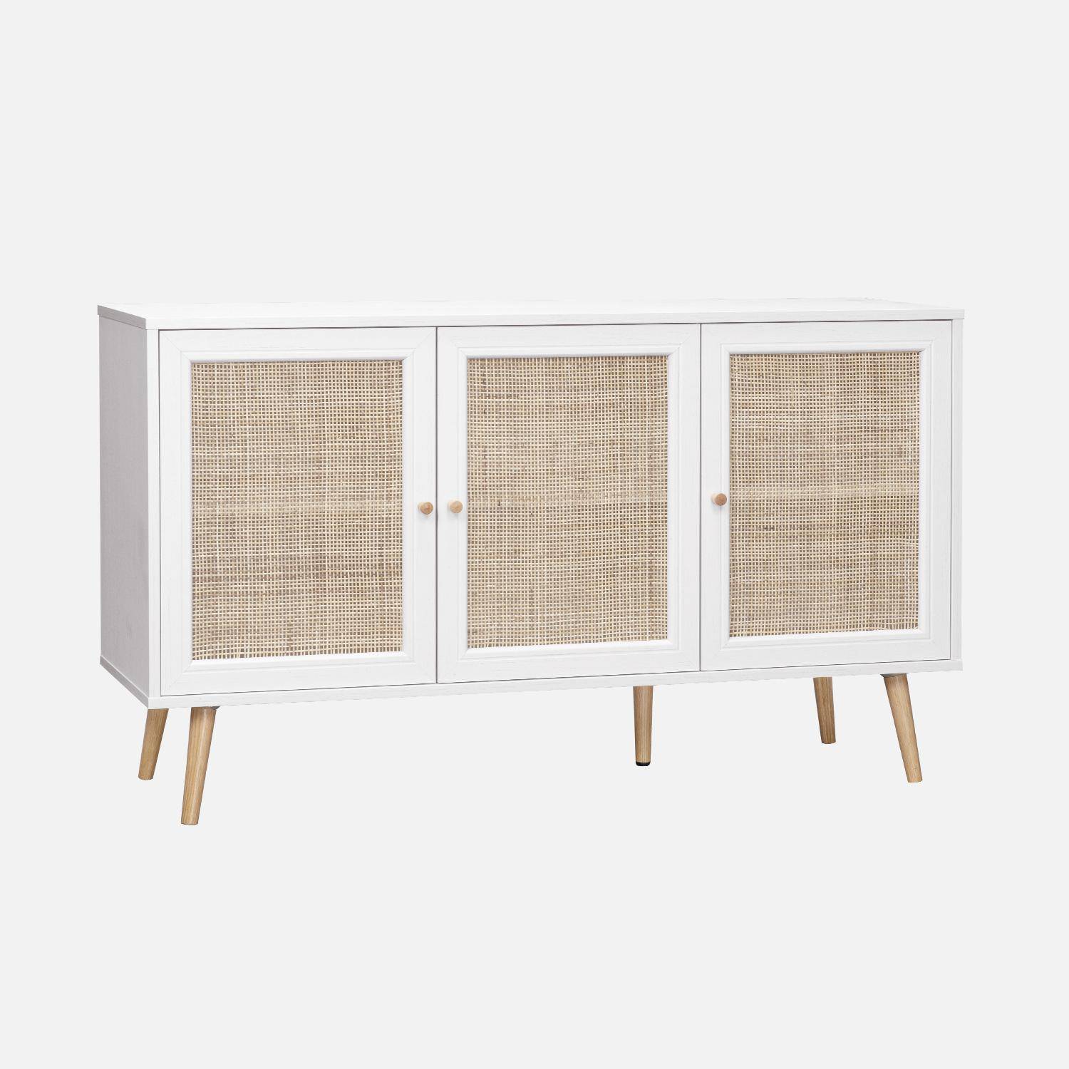 Wooden and cane rattan detail sideboard with 3 doors, 2 shelves, Scandi-style legs, 120x39x70cm - Boheme - White,sweeek,Photo4