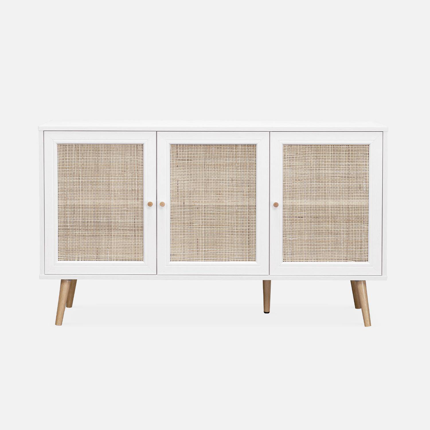 Wooden and cane rattan detail sideboard with 3 doors, 2 shelves, Scandi-style legs, 120x39x70cm - Boheme - White Photo5