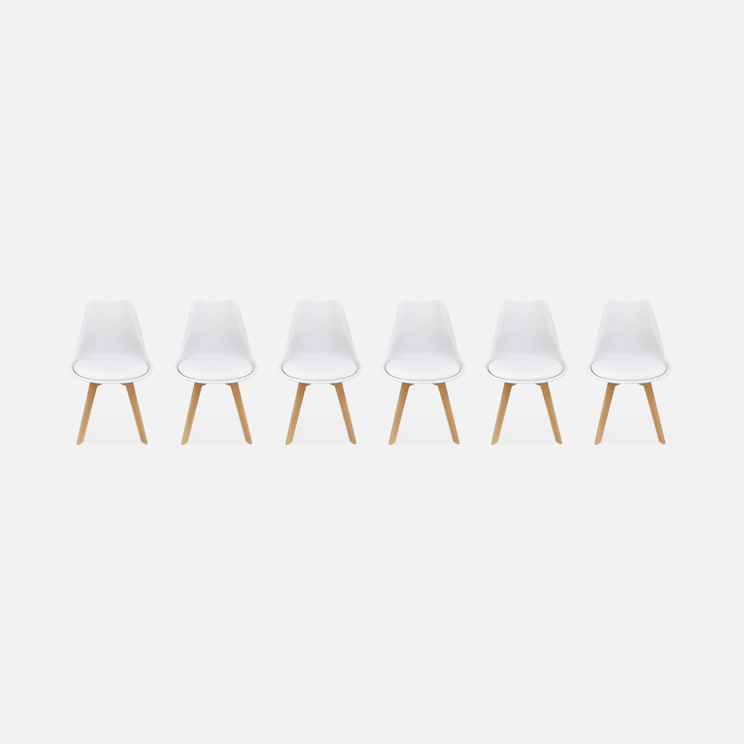 Conjunto de 6 cadeiras escandinavas, brancas com pernas de madeira  | sweeek