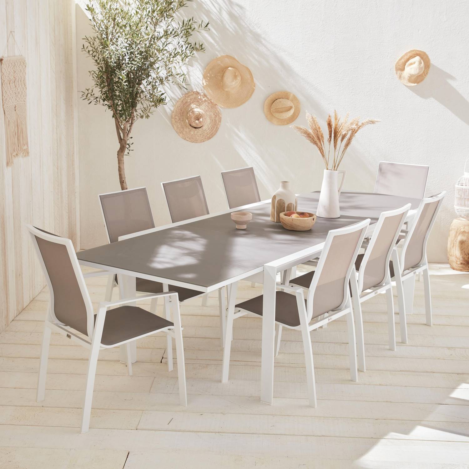 Ensemble Washington, 1 table extensible et 8 fauteuils en aluminium et textilène Photo1