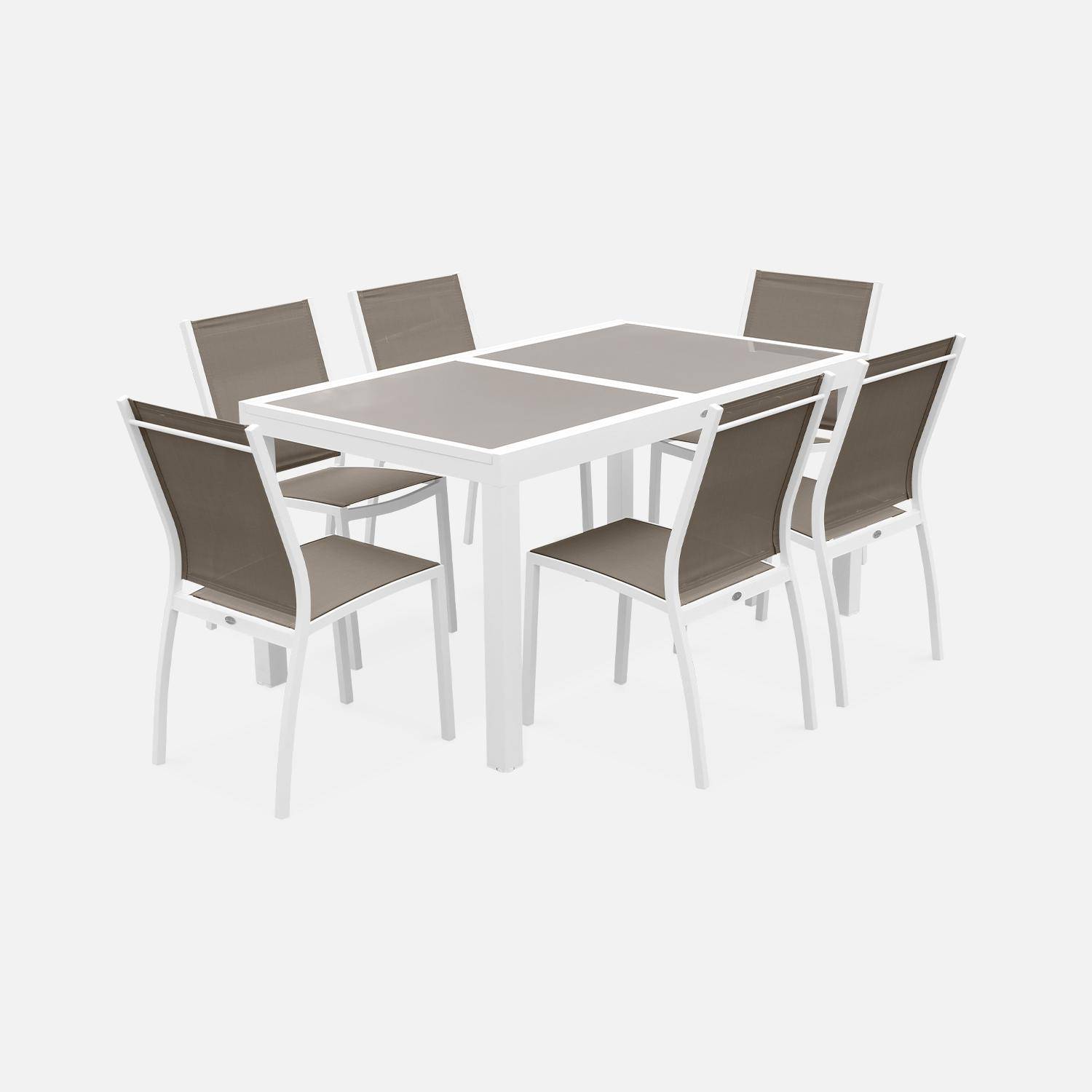 Mesa extensível para mobiliário de jardim - Orlando Taupe - mesa em alumínio de 150/210 cm, tampo de vidro, folha extensível e 6 cadeiras em textilene,sweeek,Photo3
