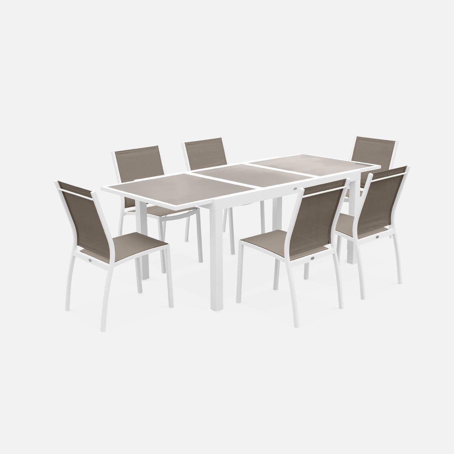 Mesa extensível para mobiliário de jardim - Orlando Taupe - mesa em alumínio de 150/210 cm, tampo de vidro, folha extensível e 6 cadeiras em textilene,sweeek,Photo2