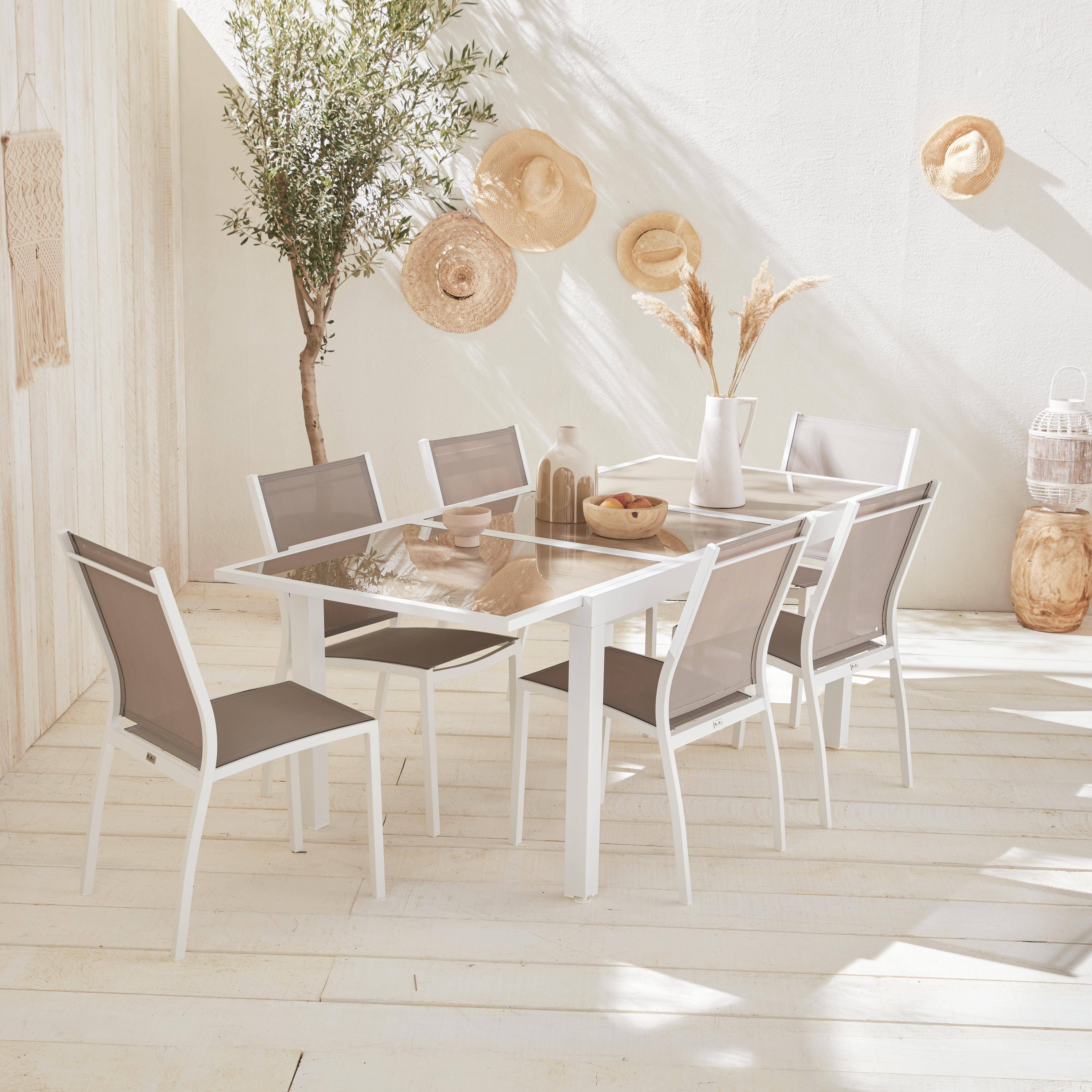 Ausziehbarer Tisch Gartengarnitur - Orlando Taupe - Aluminiumtisch 150/210 cm, Glasplatte, mit Verlängerung und 6 Sitzen aus Textilene,sweeek,Photo1